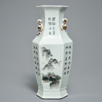 A Chinese hexagonal qianjiang cai vase with landscape design, 19/20th C.