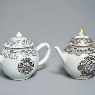 Deux théières armoriées en porcelaine de Chine grisaille, Qianlong