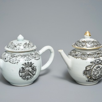 Two Chinese armorial grisaille and gilt teapots, Qianlong