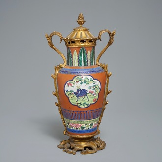 A Chinese gilt bronze-mounted enamelled Yixing vase, 19th C.