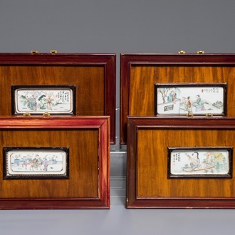 Four Chinese famille rose and qianjiang cai plaques, 19/20th C.