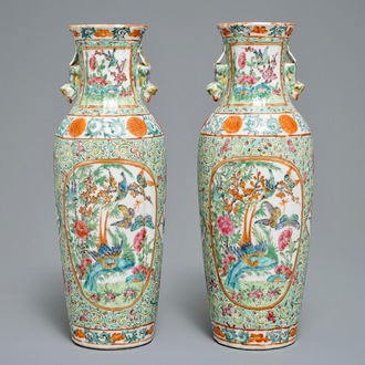 A pair of Chinese famille rose turquoise-ground vases, 19th C.