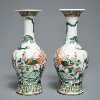A pair of Chinese famille verte 'dragon and phoenix' vases, Kangxi mark, 19th C.