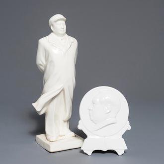 A Chinese figure of Mao Zedong with typical cap and round portrait plaque, 2nd half 20th C.