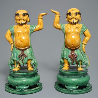 A pair of large Chinese sancai figures of temple guardians, 19/20th C.