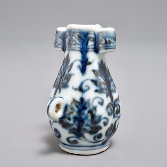 A Chinese blue and white birdfeeder shaped as an arrow vase, Xuande mark, Ming or later