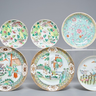 Six Chinese famille rose and verte plates, 19/20th C.