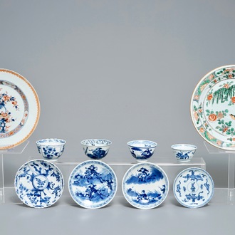 Two Chinese famille verte and Imari-style plates and four cups and saucers, Kangxi and later