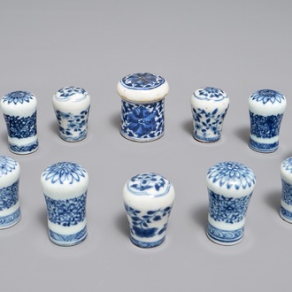 Twelve Chinese blue and white cane handles or scroll painting ends, 18th C. and later