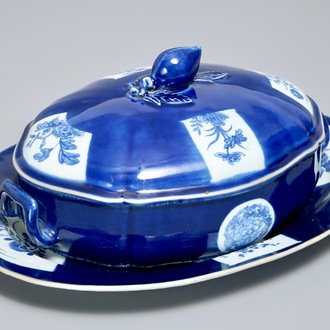 A Chinese powder blue tureen and cover on stand, 19th C.