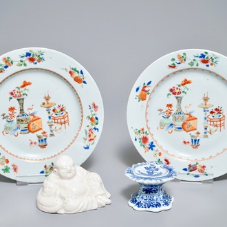 A pair of Chinese famille rose plates, a blue and white salt and a Buddha, Kangxi and later