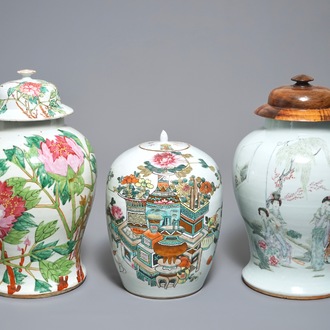 Three Chinese famille rose and qianjiang cai vases, 19/20th C.