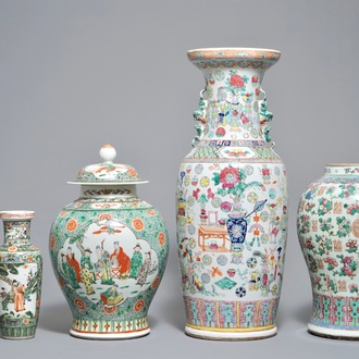 Five Chinese famille rose and verte vases incl. a pair of rouleau vases, 19th C.