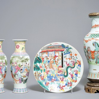 Three Chinese famille rose and verte vases and a 'hundred boys' dish with playing boys, 19/20th C.