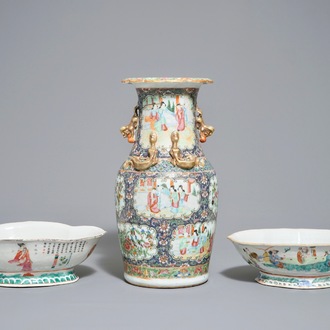 Two Chinese famille rose bowls and a Canton blue-ground vase, 19th C.