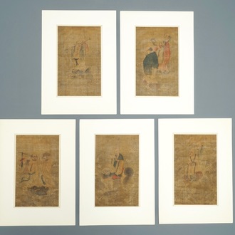 Cinq peintures chinoises sur soie d'après Wu Daozi, 18/19ème