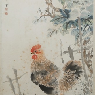 Yan Bolong (1898 -1954), A rooster in a flowery garden, watercolour on paper