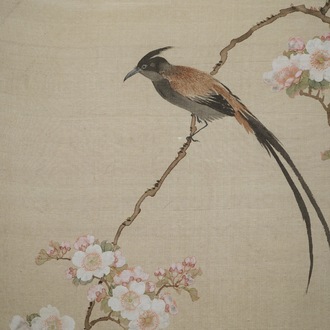 Ecole chinoise, 20ème, Un oiseau sur une branche fleurie, aquarelle sur soie