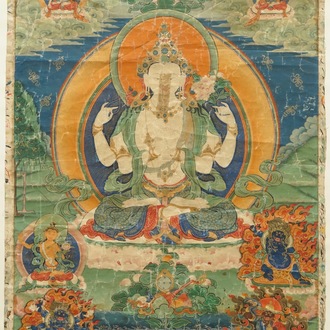 Een thangka met de vierarmige Avalokiteshvara, Tibet, 18/19e eeuw