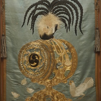 A Japanese silk embroidery depicting a rooster on an o-daiko drum, Edo or Meiji, 19th C.