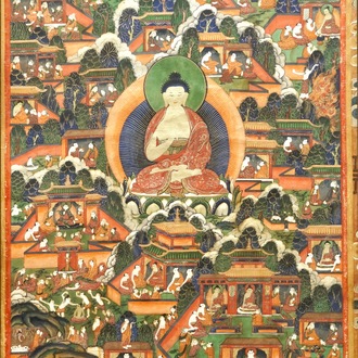 A thangka with scenes from the life of Buddha, Tibet or Mongolia, 18/19th C.