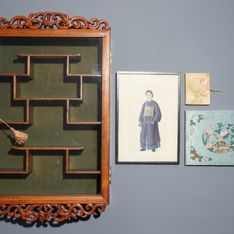 A Chinese carved wood wall display, two rice paper painting albums and a portrait, 19/20th C.