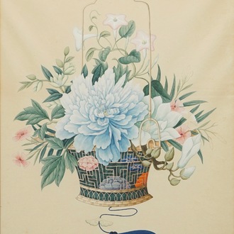 Une aquarelle d'un panier fleuri, Chine, Canton, 2ème moitié du 19ème