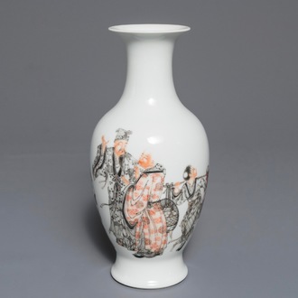 A Chinese grisaille and iron red vase with figures, Republic, 20th C.