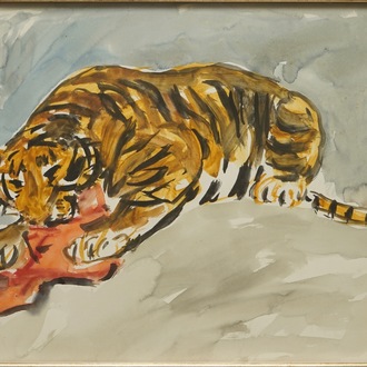 Sadji (Sha Qi, Sha Yinnian) (1914-2005), Le repas du tigre, aquarelle sur papier