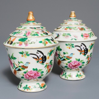 A pair of Chinese Canton famille rose covered bowls, 19th C.