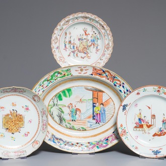 Three Chinese famille rose plates and an oval dish, 18/19th C.