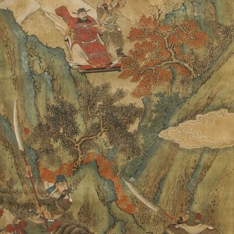 A Chinese watercolour on textile of a battle scene in a mountainous setting, 19th C.