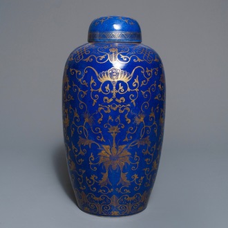 A large Chinese gilt-decorated blue-ground jar and cover, 19th C.