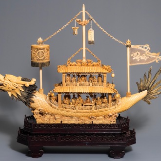 A very large Chinese carved ivory model of a dragon boat, 19th C.