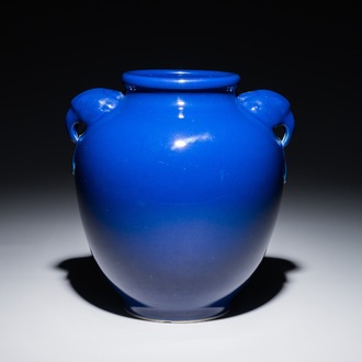 A Chinese monochrome blue vase with bird's head-shaped handles, Yongzheng mark, 18/19th C.