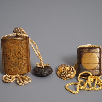 Two Japanese maki-e lacquer inro with ojime and netsuke, Meiji, 19th C.