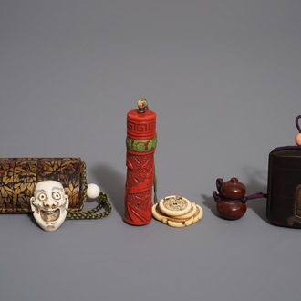 Three Japanese maki-e and red lacquer inro with ojime and netsuke, Meiji, 19/20th C.