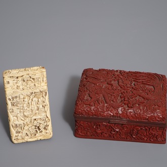 A Chinese ivory card case and a cinnabar lacquer box and cover, Qianlong mark, 19th C.