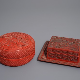 Two Chinese cinnabar lacquer boxes and covers, 19/20th C.