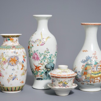 Three Chinese famille rose vases and a covered bowl on stand, various marks, 19/20th C.