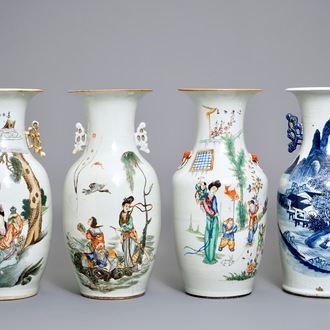 Quatre vases en porcelaine de Chine famille rose et bleu et blanc, 19/20ème