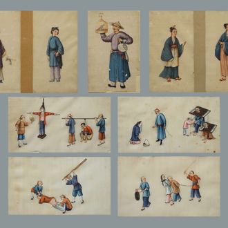 Nine Chinese Cantonese rice paper paintings, 19th C.