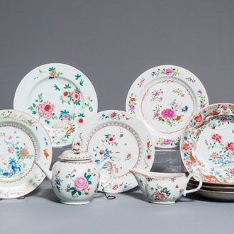 Eight Chinese famille rose plates, a teapot and a sauce boat, Qianlong