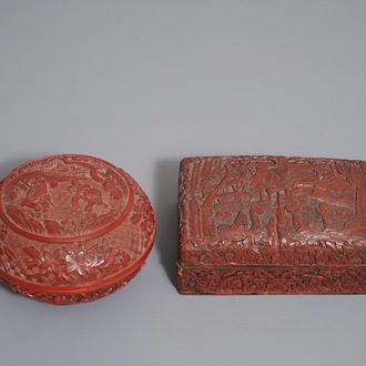 Two Chinese cinnabar lacquer boxes with dragons and figures in a landscape, 19/20th C.