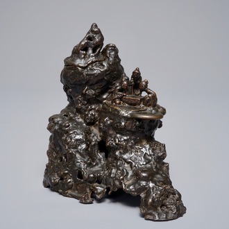 A Chinese bronze incense burner modelled as a mountain with qi-players, 18/19th C.