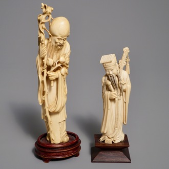 Deux figures d'immortels Shou Lao et Lu Dongbin en ivoire sculpté, Chine, 19ème