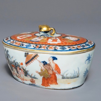 Een Chinese Imari-stijl botervloot naar Cornelis Pronk, "De parasoldames", Qianlong, ca. 1736-1738