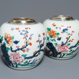 A pair of silver-mounted Chinese rose-Imari jars with floral design, Qianlong