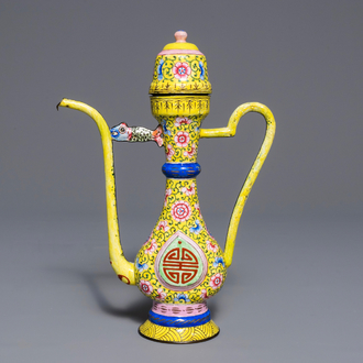 A Chinese yellow ground Canton enamel ewer and cover, 18/19th C.