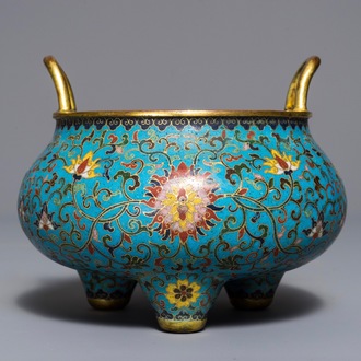 A Chinese cloisonné tripod incense burner, Qianlong mark, 18/19th C.